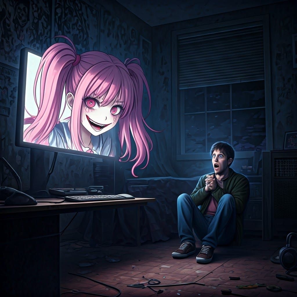 Eerie Anime Girl Emerges in Surreal Scene