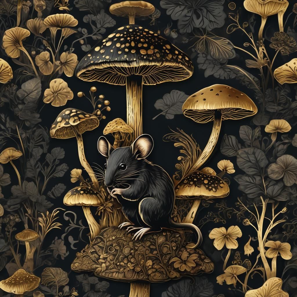 Detailed Mouse Silhouette on Mushroom with Gold Foil
