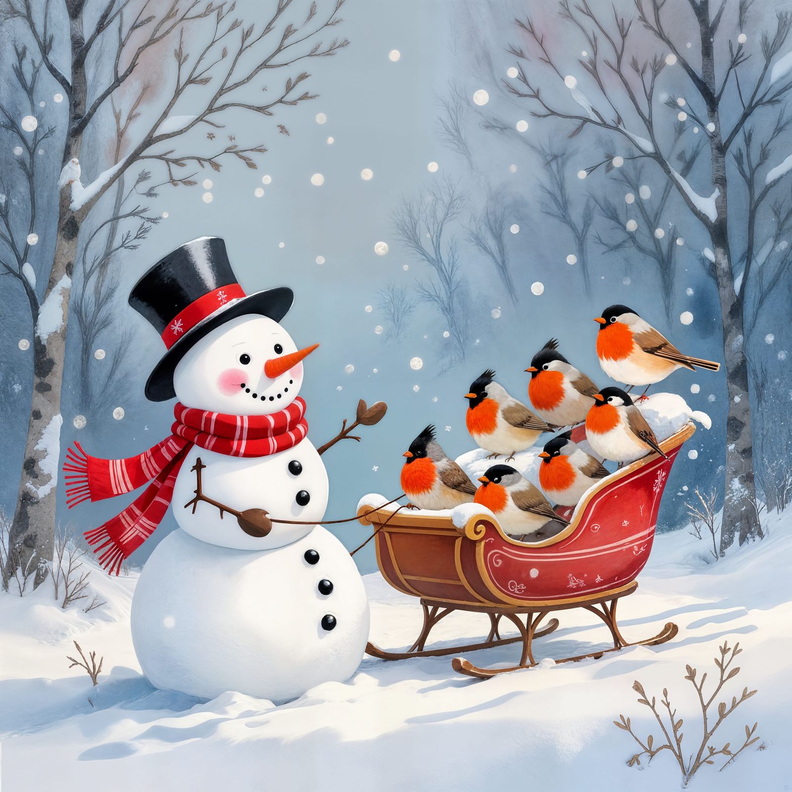 Whimsical Snowman Pulling Sleigh of Robins in Pastel Ink Sty...