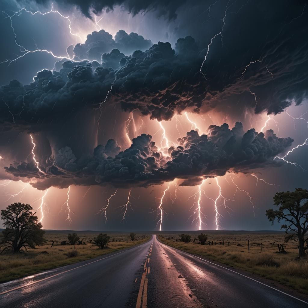 Prairie Road Lightning Strike in Digital Painting Style