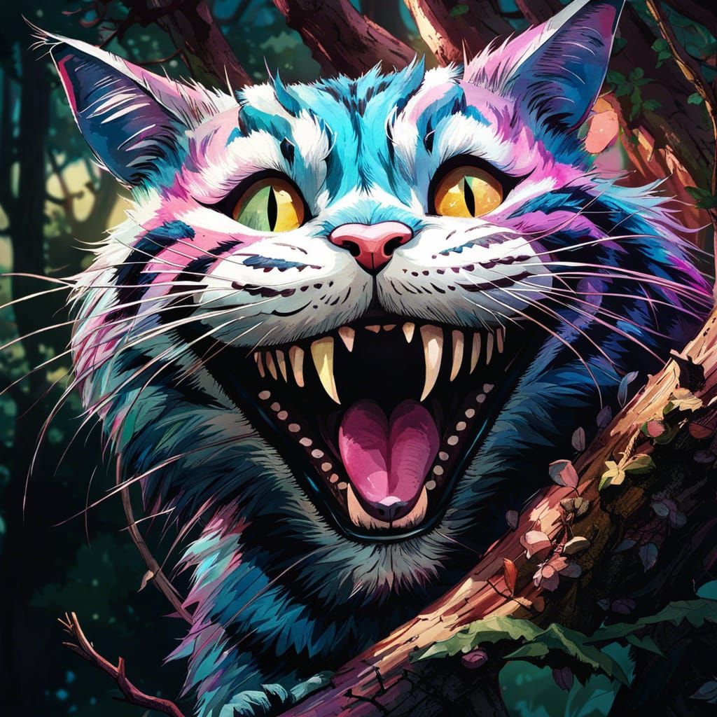 Grinning Cheshire Cat in Watercolor Forest