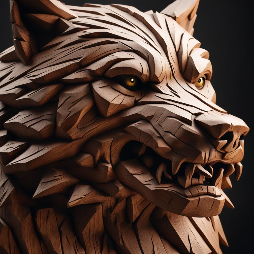 Dramatic Wooden Wolf Sculpture in Hyperrealistic Detail