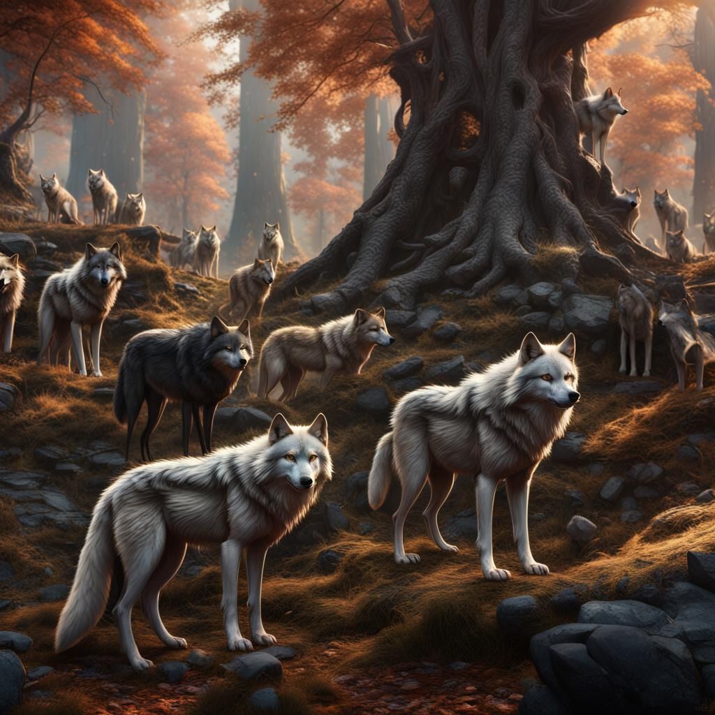 Majestic Wolves in Detailed Fantasy Landscape