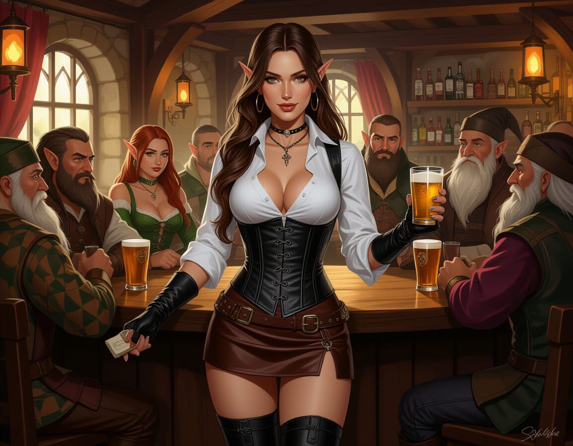 Lively Tavern Scene: Beautiful Barmaid Serving Patrons