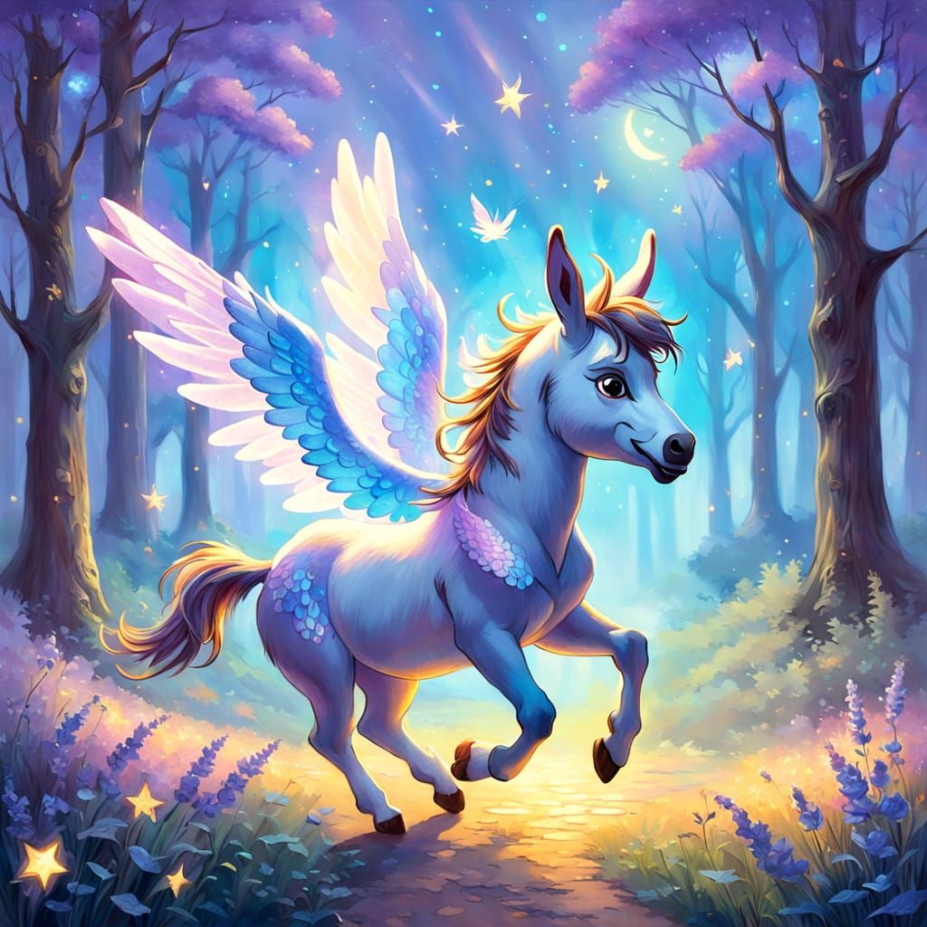 Miniature Donkey Pegasus Soaring in Dreamlike Style