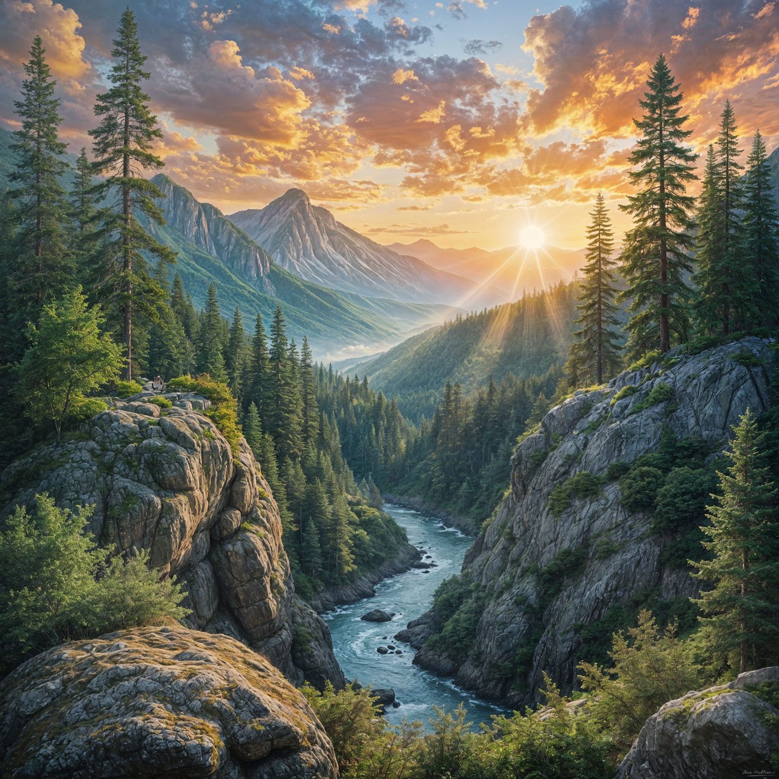 Metallic Hues Landscape Mural with Verdant Forests