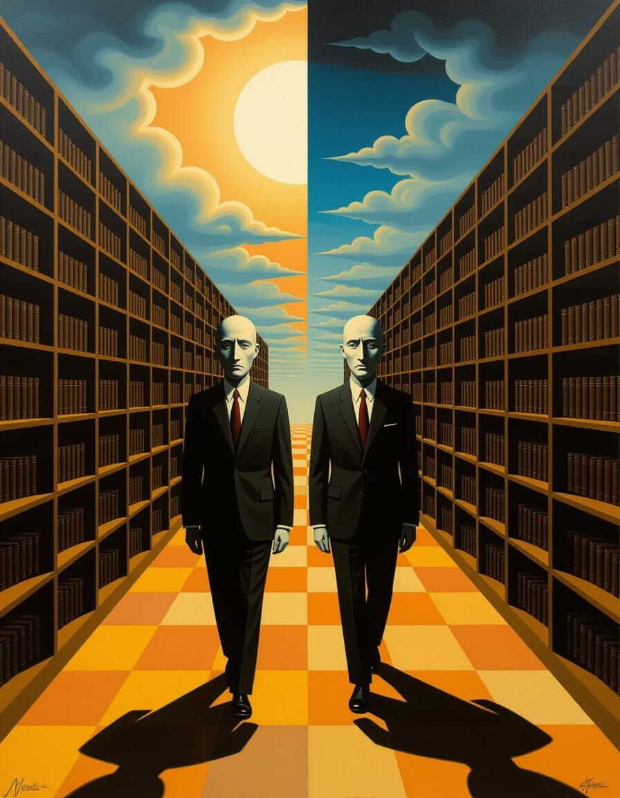Surreal Man with Two Faces in Paradoxical Labyrinth