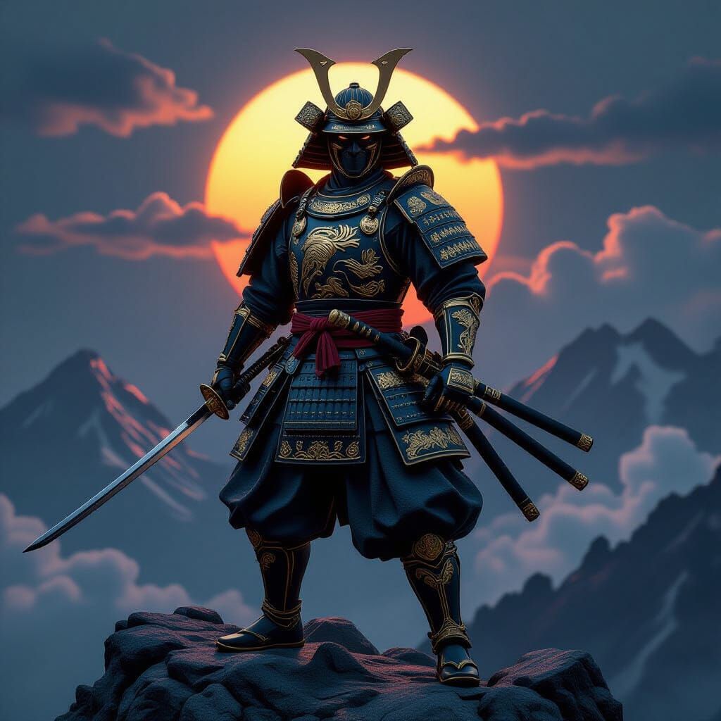 Samurai Warrior on Mountain Peak in 3D Sculpted Style