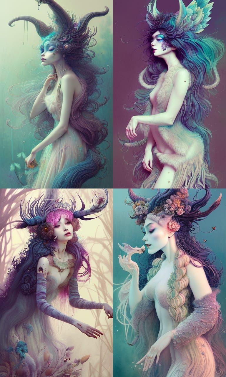 A beautiful light pastel-colored furry animalistic long-haired witch princess