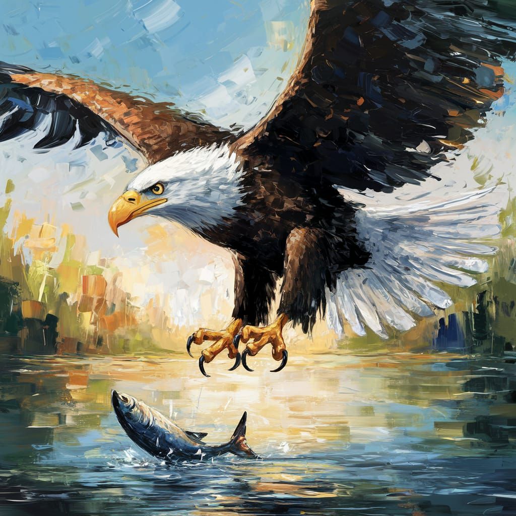Expressive oil on canvas. Close-up medium shot. A bald eagle swoops down on a fish with its talons in mid-air above a se...