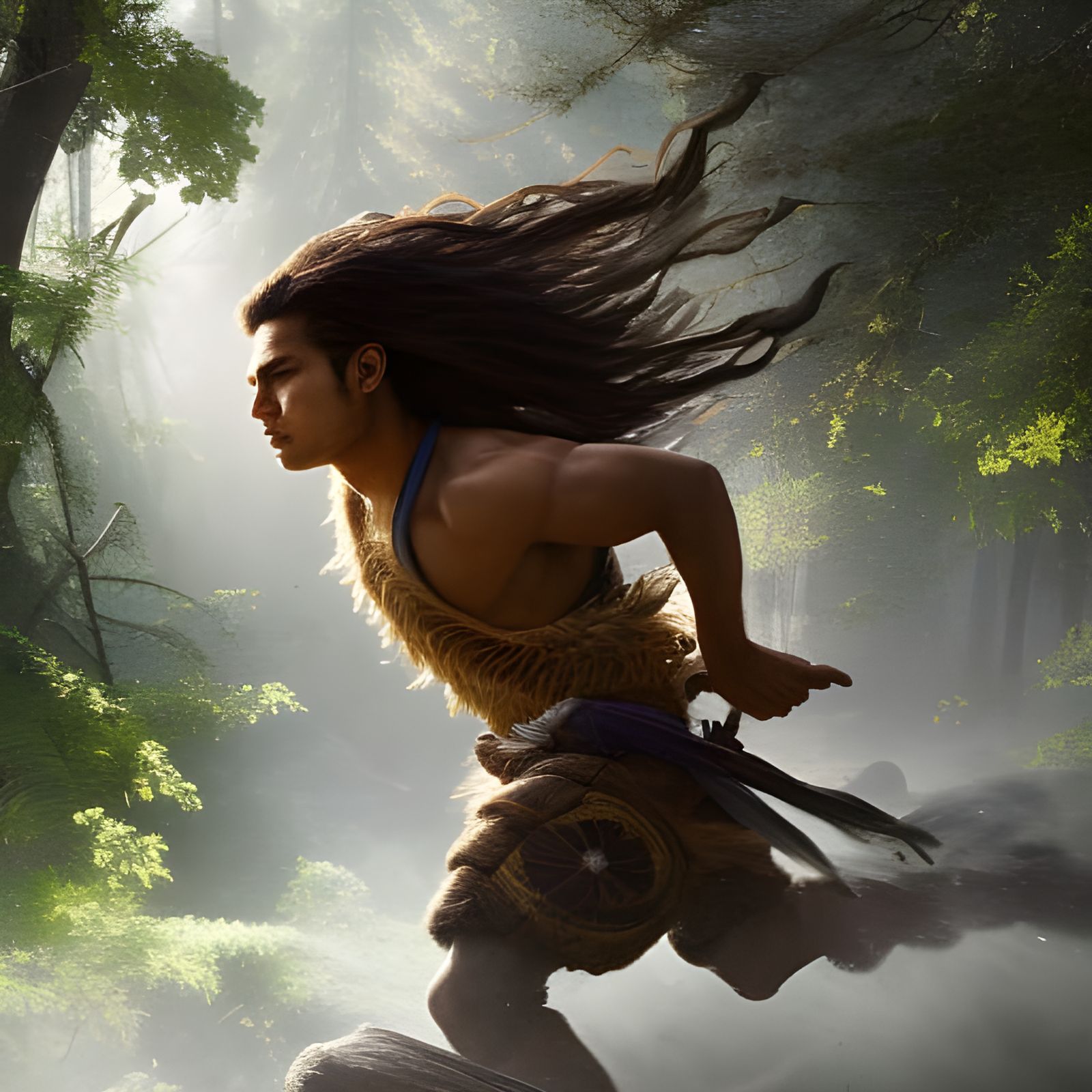 Native American Warrior Sprinting Through Primordial Forest