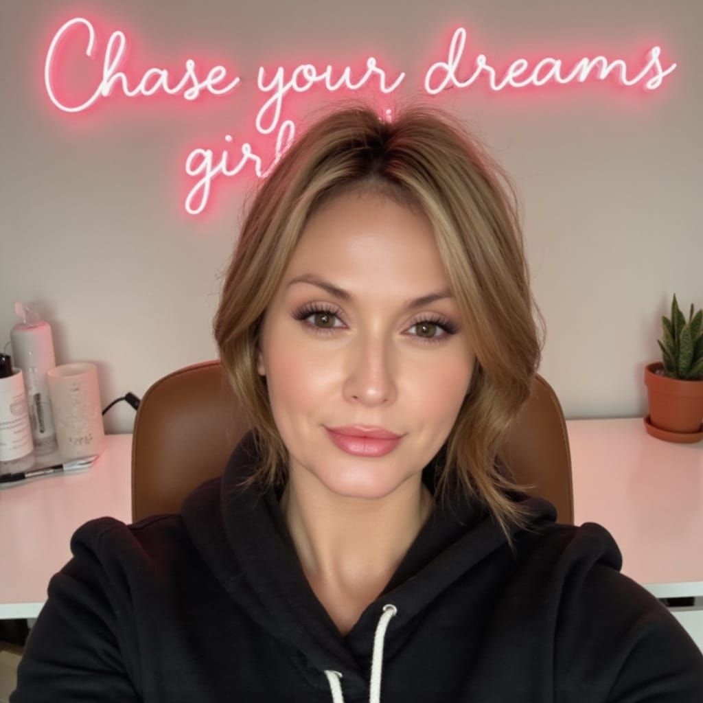 <lora:My face:1.0> Portrait of <my face: 2.0> shoulders up, wearing a hoodie that complements my complexion. My makeup i...