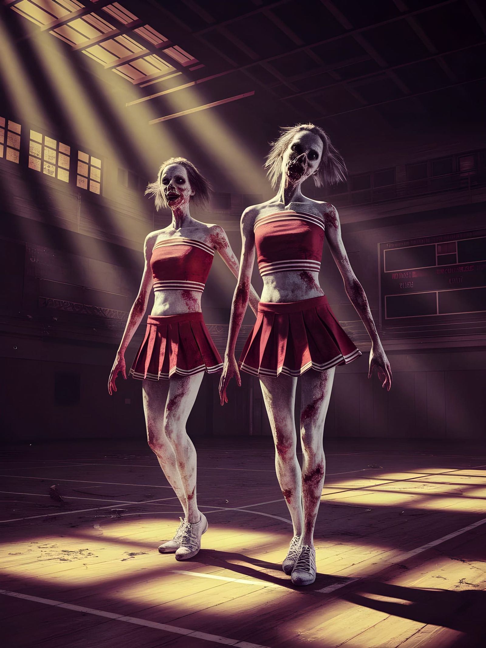 Zombie Cheerleaders in Abandoned Gym, Dark Fantasy Art