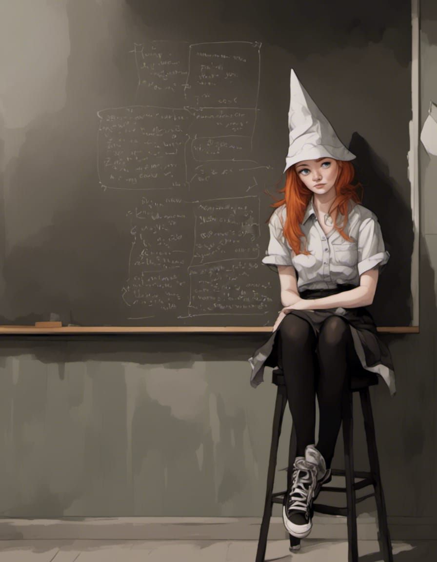 Fox-girl VIXEN wearing a dunce cap. (Age 15)
