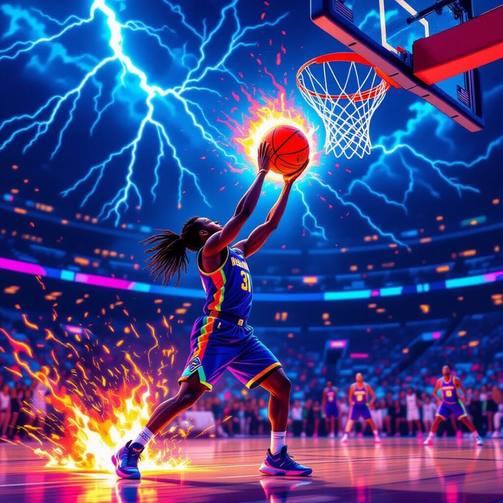 Fiery Earth Basketball Shot in Neon Stadium