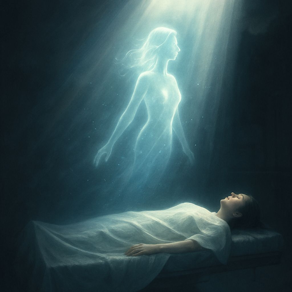 Ethereal Woman Ascending in Heavenly Light