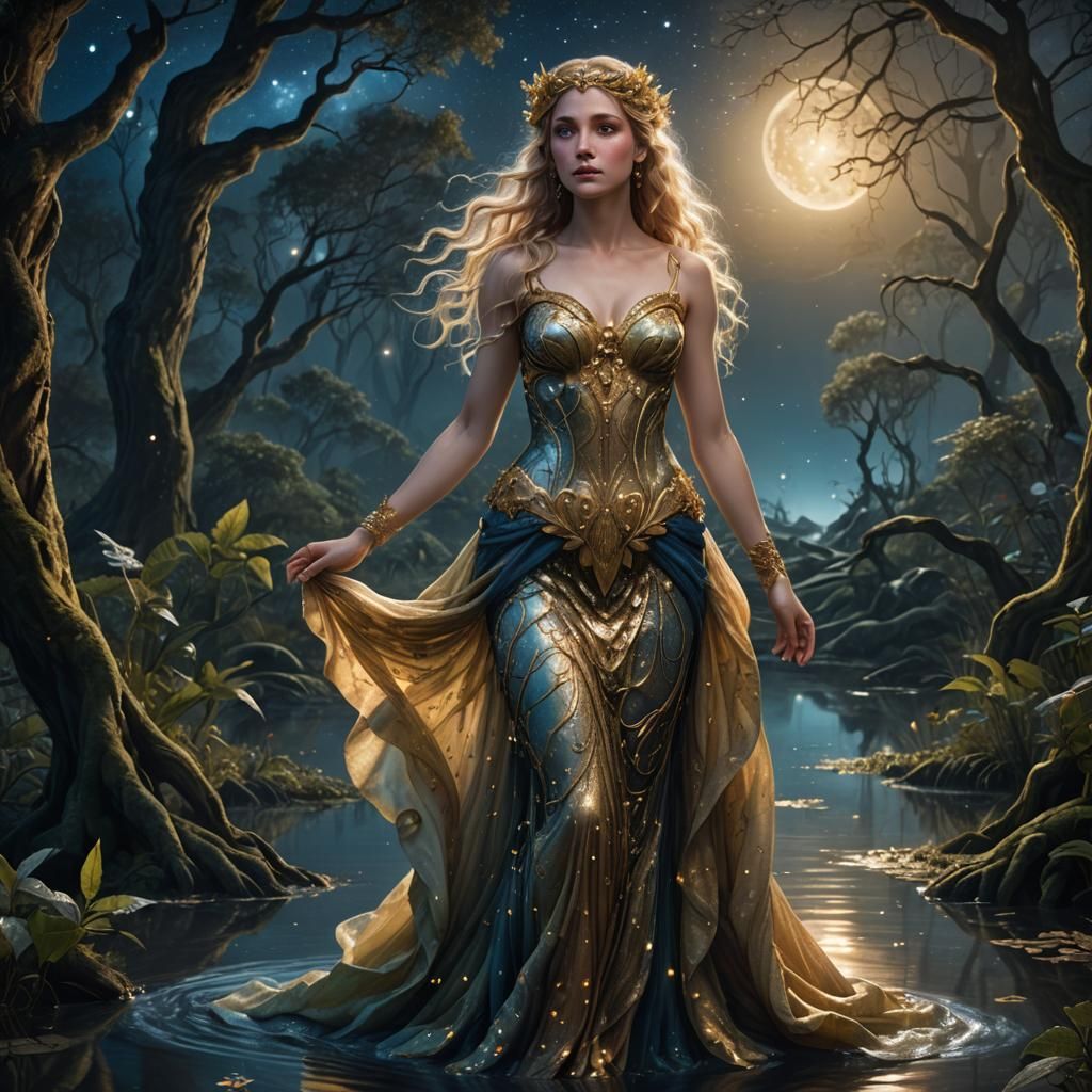 Aphrodite in Mystical Swamp Forest at Night