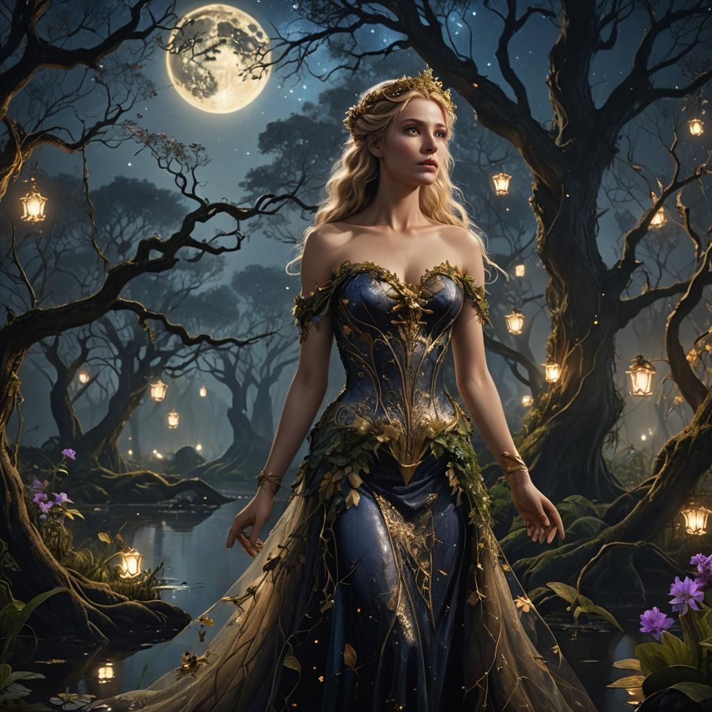Aphrodite in Starry Swamp Forest: Fantasy Concept Art