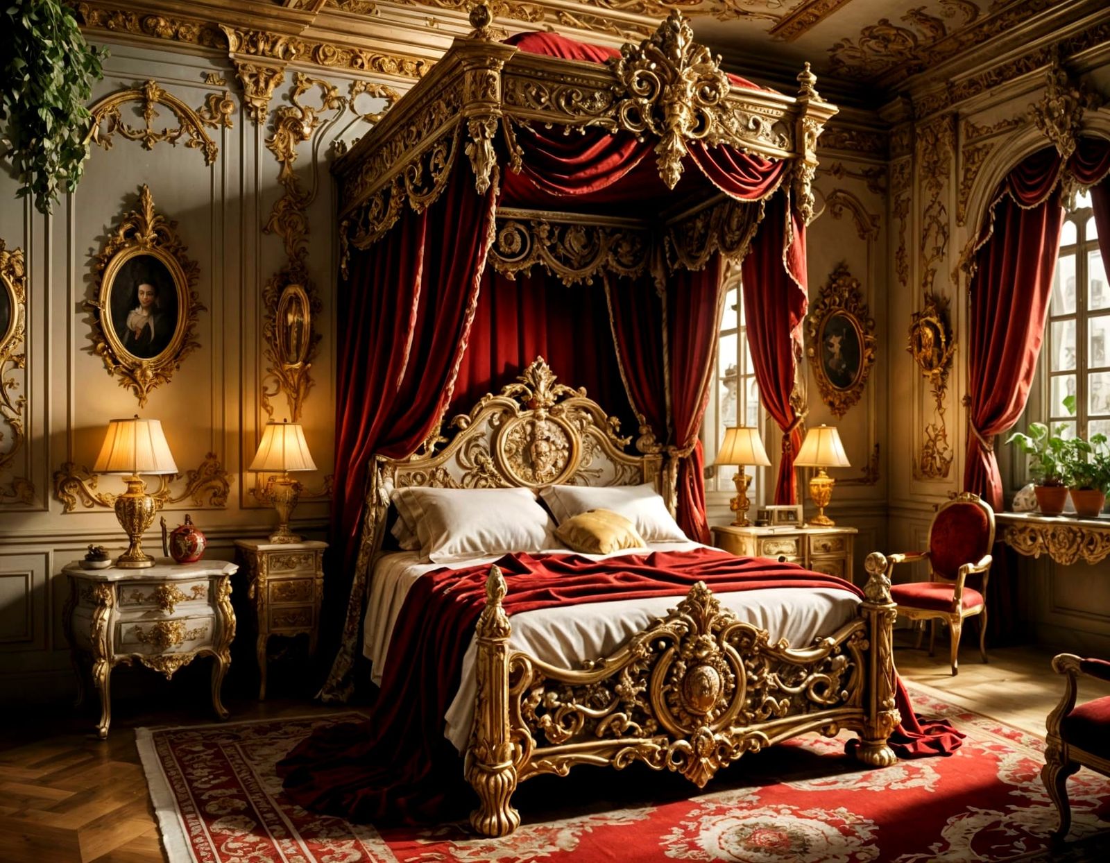 A Regal Baroque Bedroom Scene with Thorns and Golden Opulenc...