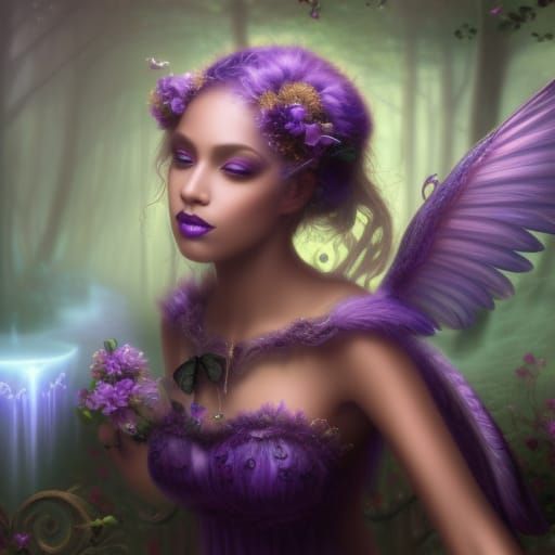 Ethereal Gothic African-American young lady with purple fairy wings& purple eyeshadow& Black lipstick& Shimmery golden g...
