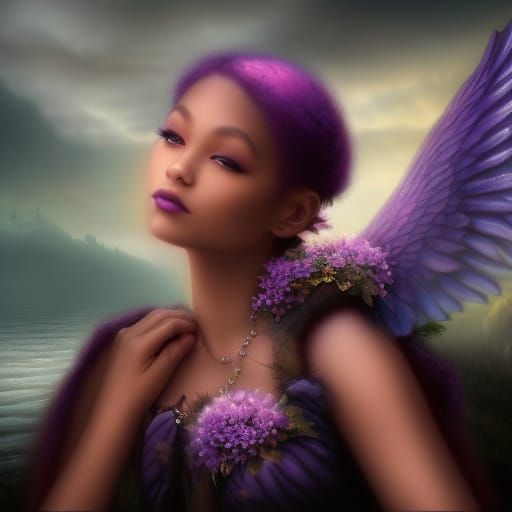 Ethereal Gothic African-American young lady with purple fairy wings& purple eyeshadow& Black lipstick& Shimmery golden g...