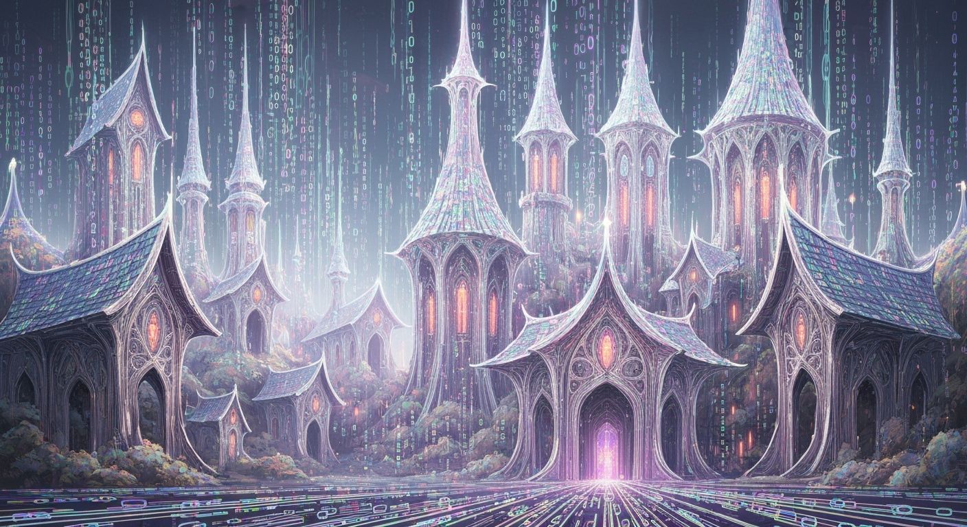 Elven Village of Binary Code in Art Nouveau Style