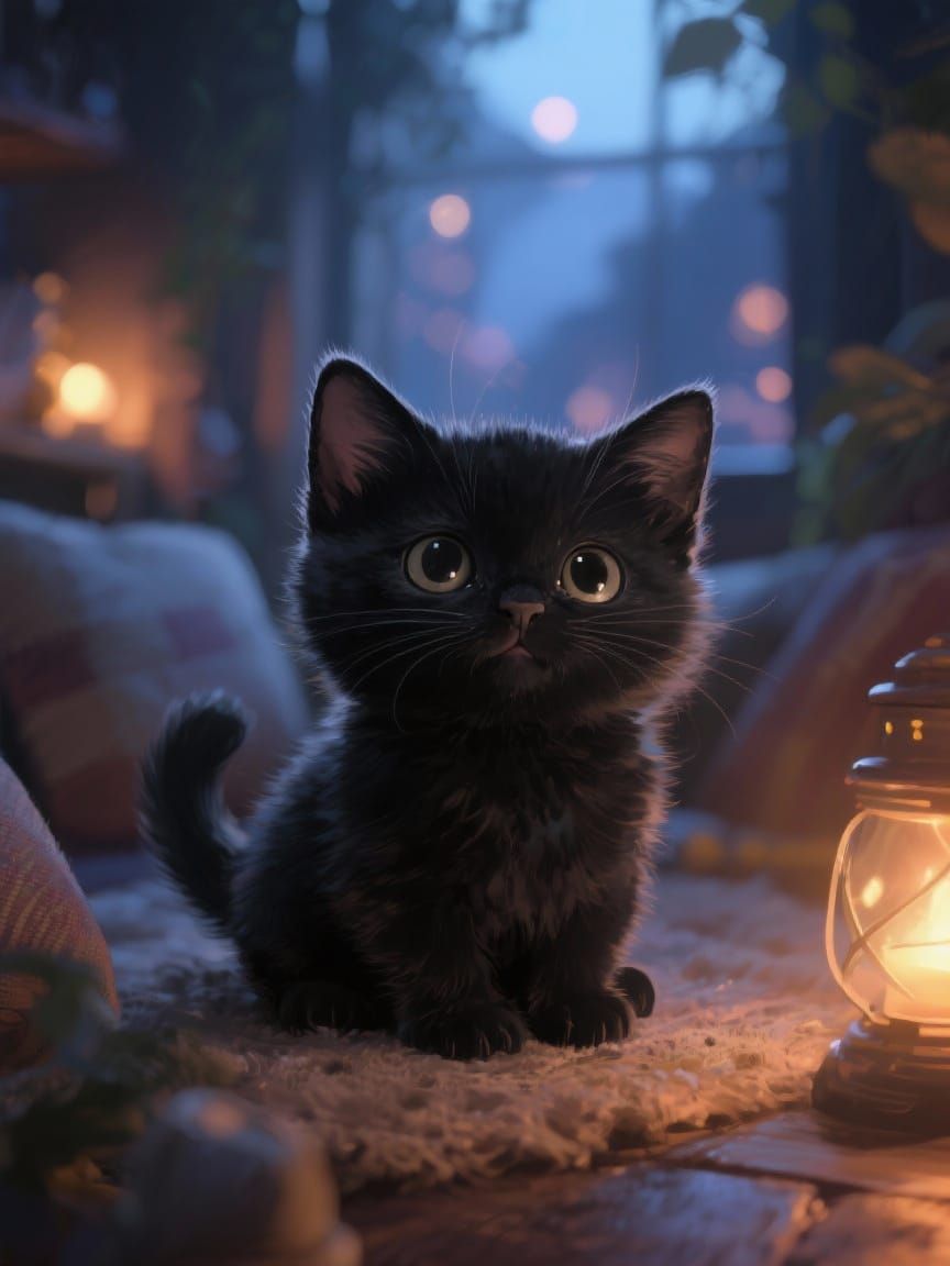 "Cozy Dreamscape: Ultra-Realistic Kitten in Luminous Evening...