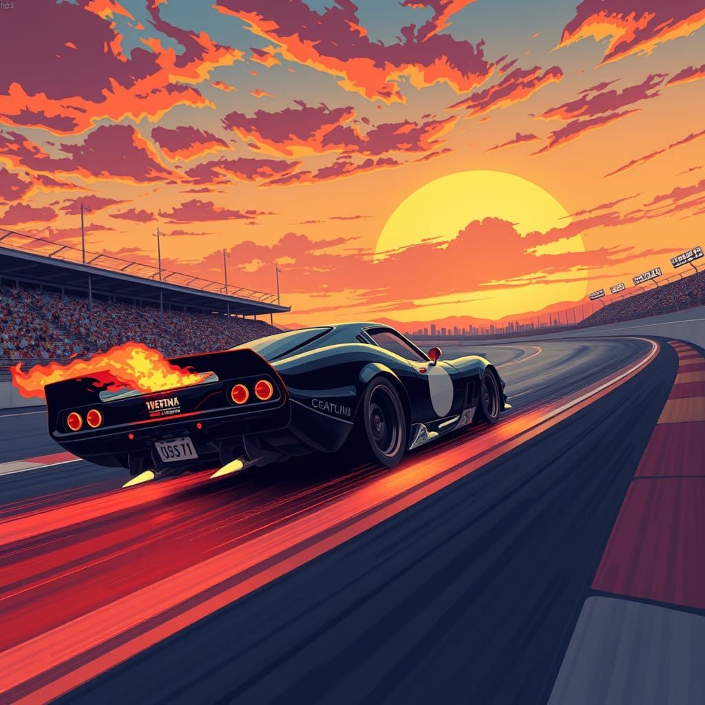 Retro Race Car Sunset in Manga Scan Style