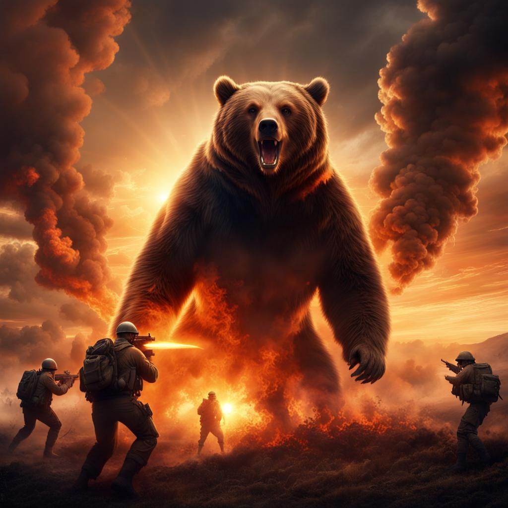 Giant Bear Attack on Soldiers at Sunset