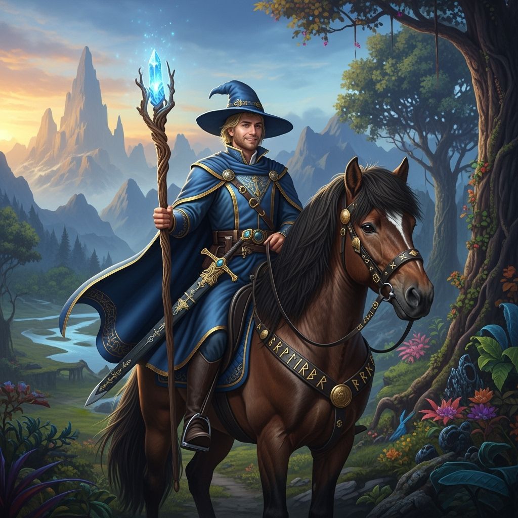 Magician on Icelandic Horse in Fantasy Landscape
