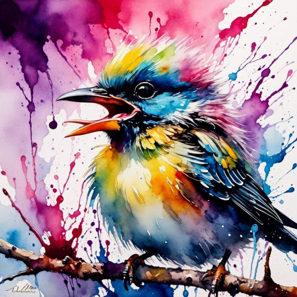 "" <lora:LIA Paint Effects:1.0> adorable colorful baby bird gaping open mouth, hungry"". High viewpoint, Abstract Realis...