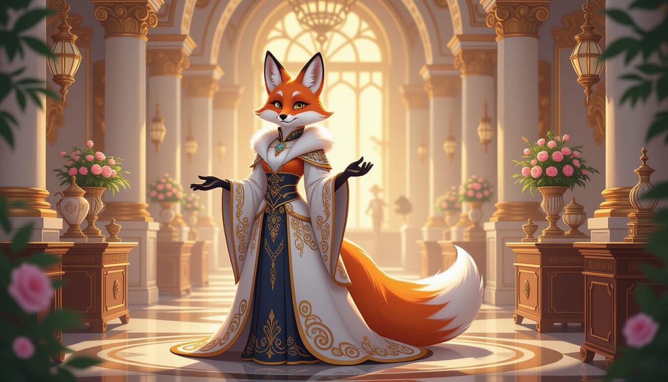 Regal Fox in Ornate Hall, Fantasy Art