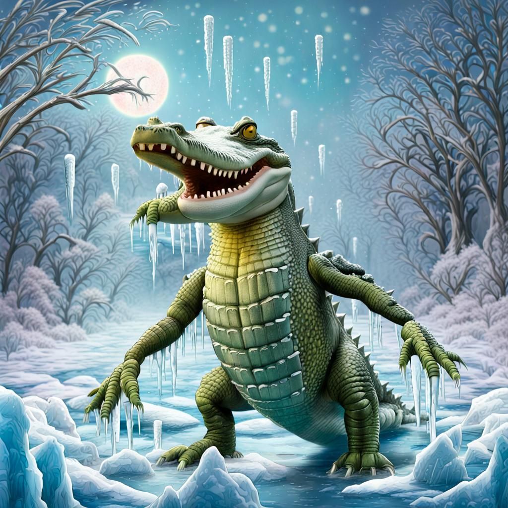 Cyborg Crocodile's Winter Wonderland: Crayon Drawing