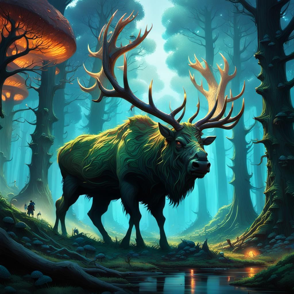 Hulk Elk in Mystical Forest: Fantasy Concept Art