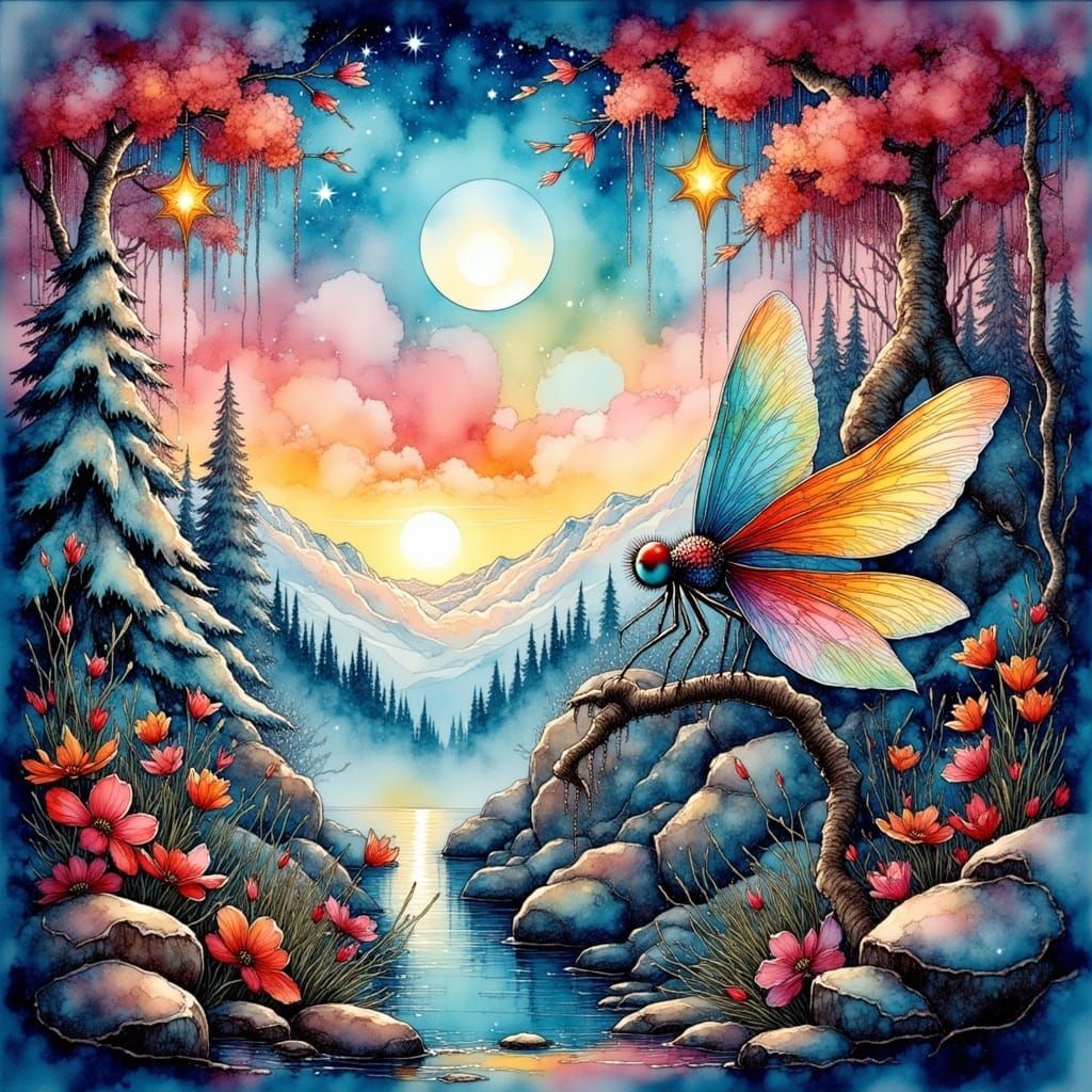 Majestic Dragonfly in Dreamy Watercolor Landscape