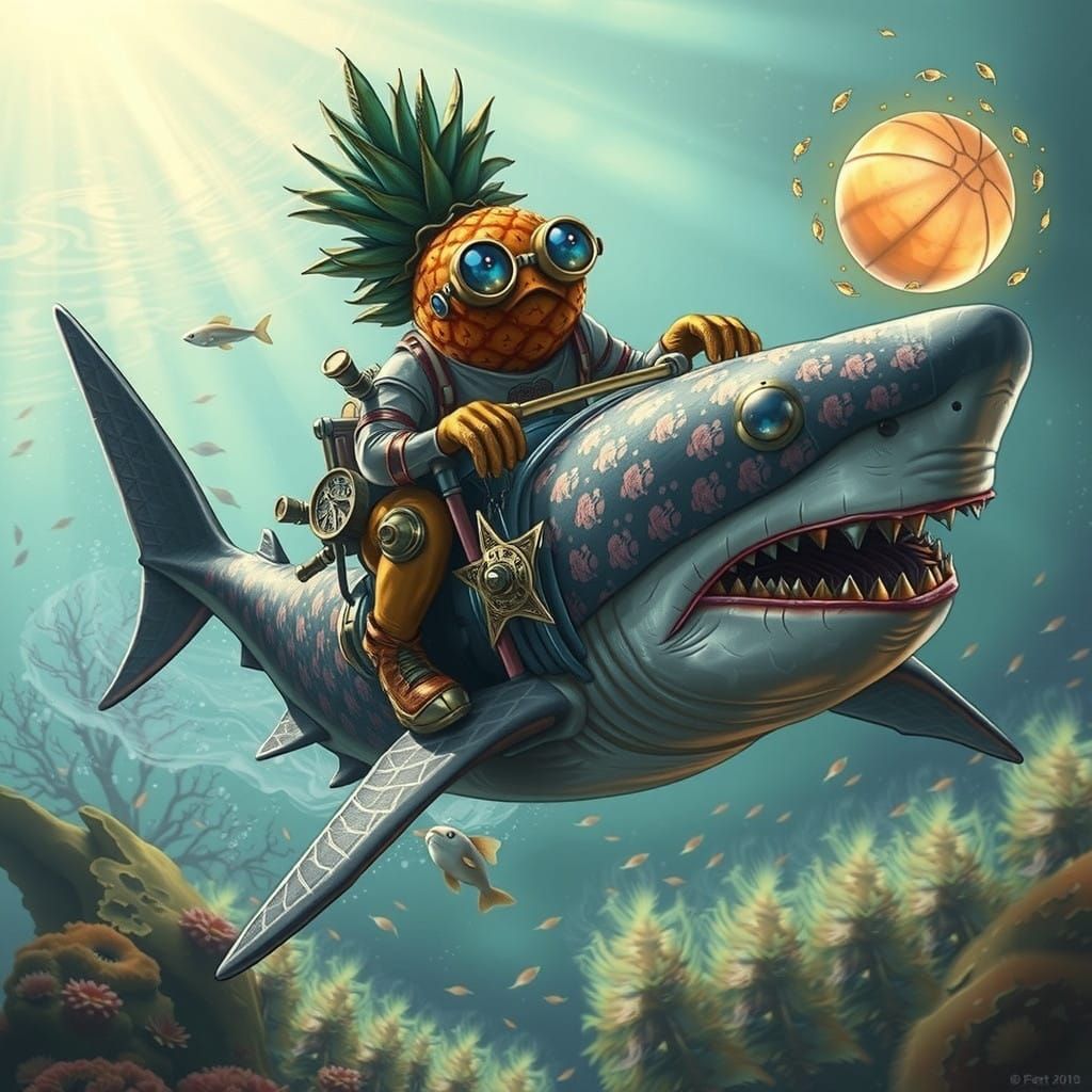Whimsical Pineapple Riding Majestic Shark in Coral Reefs