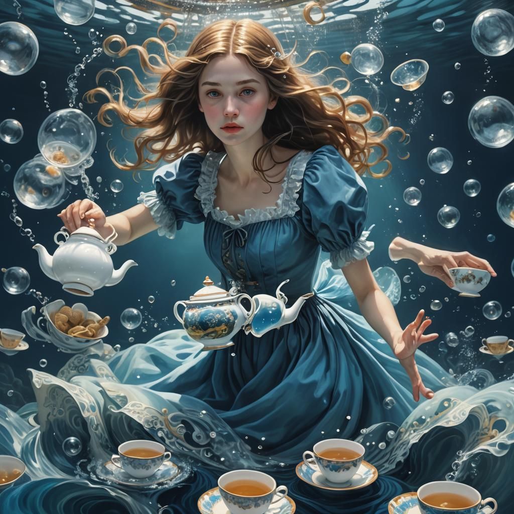 Surreal Underwater Scene with Alice and Teapot