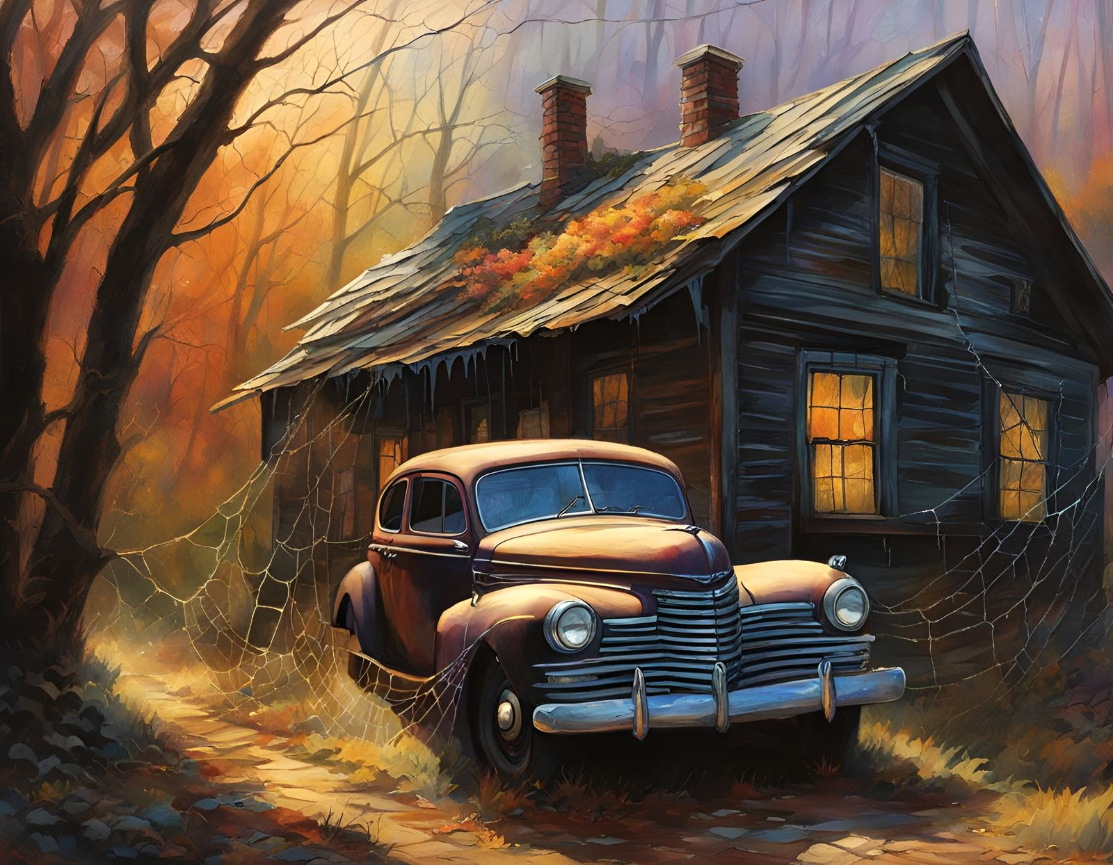 Dystopian Shack with Spiderwebs in Watercolor Style