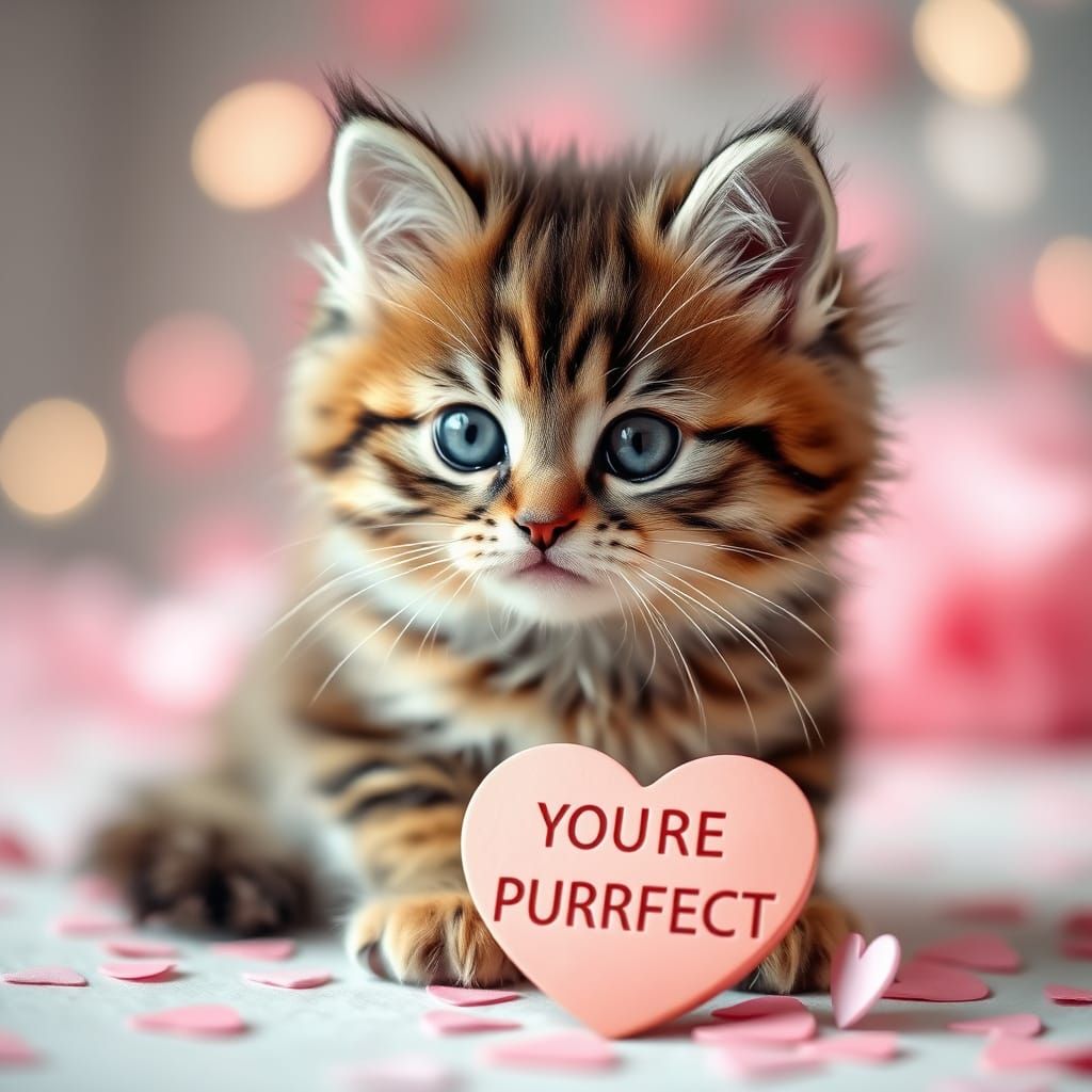 Cute Kitten and Conversation Heart in Soft Bokeh Valentine's...