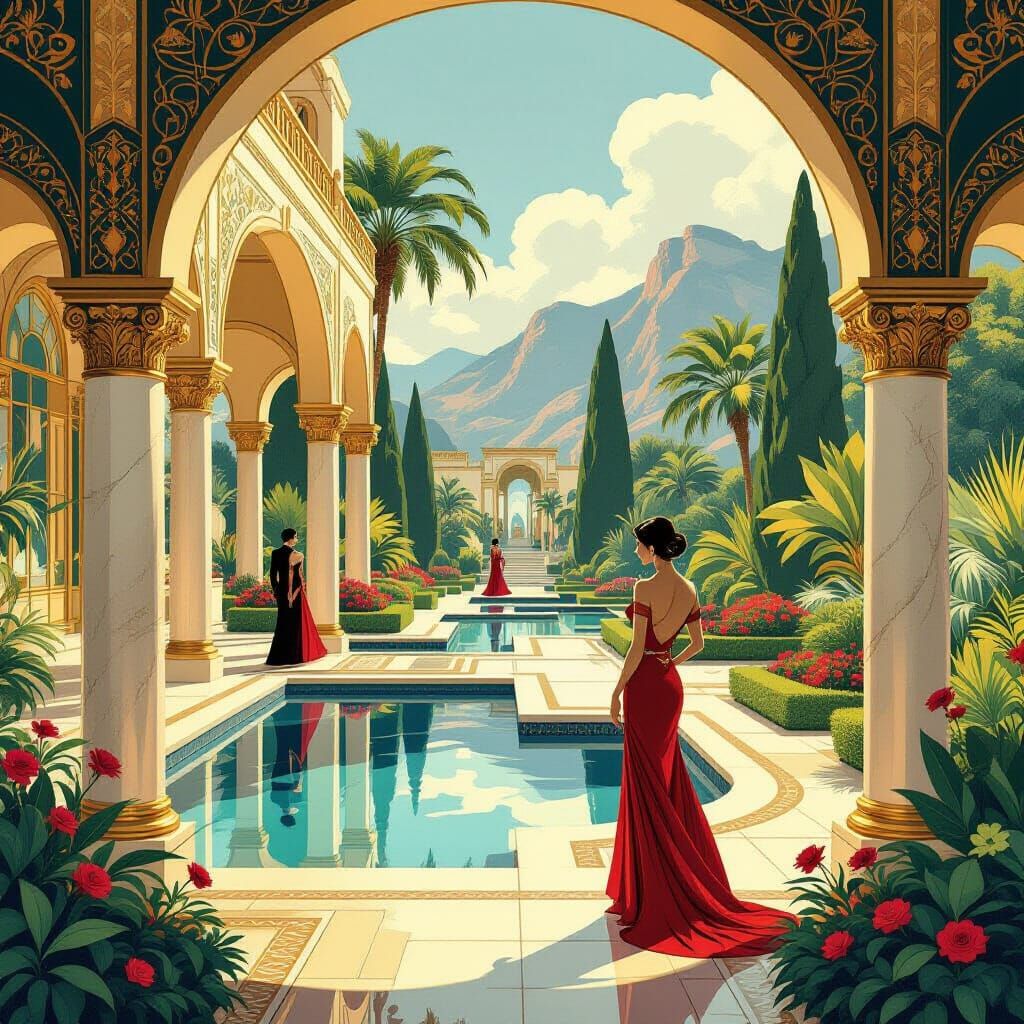 Art Deco Garden Landscape in Golden Age Illustration Style