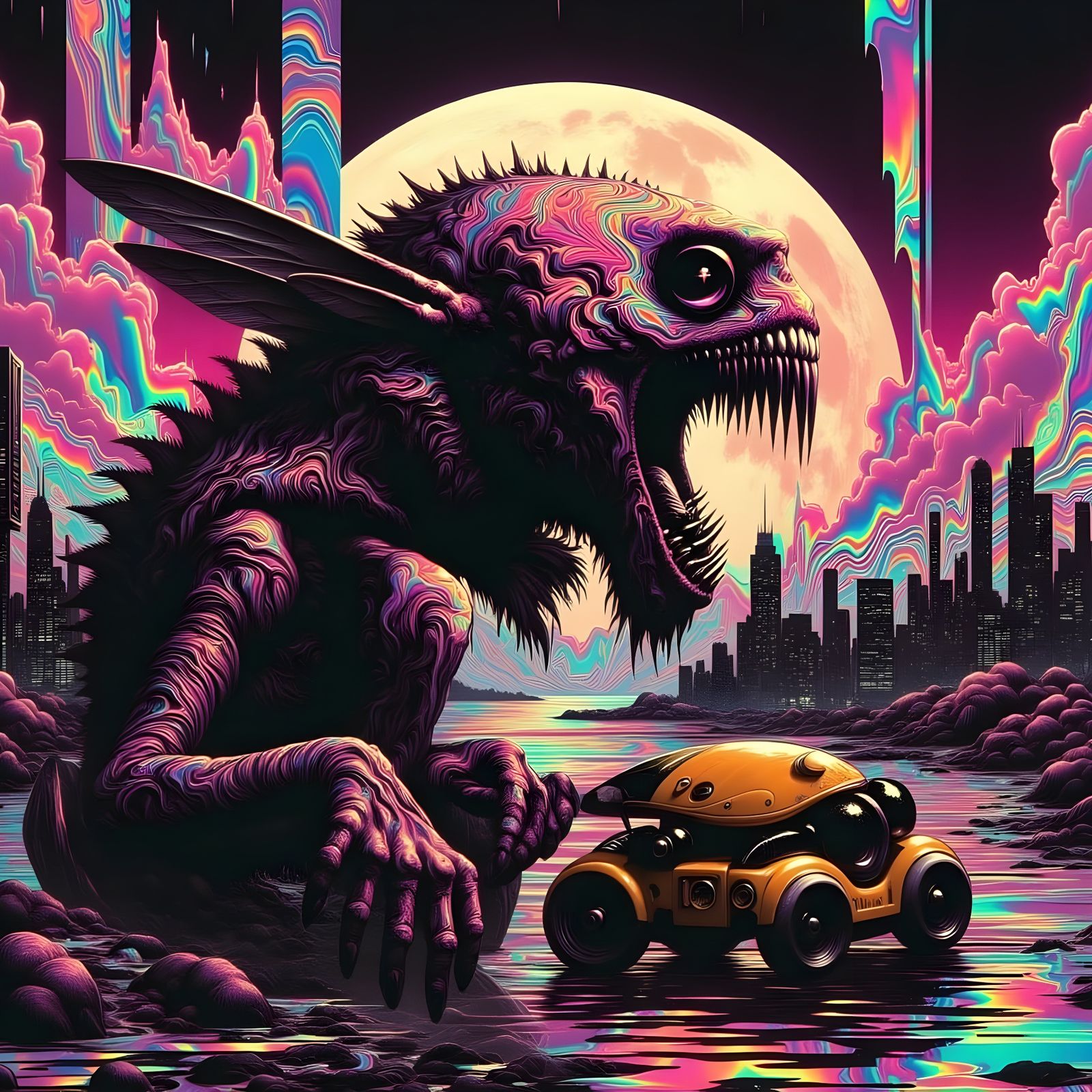 Surreal Cyberpunk Monster Meets Retro-Futuristic Bee in Neon...