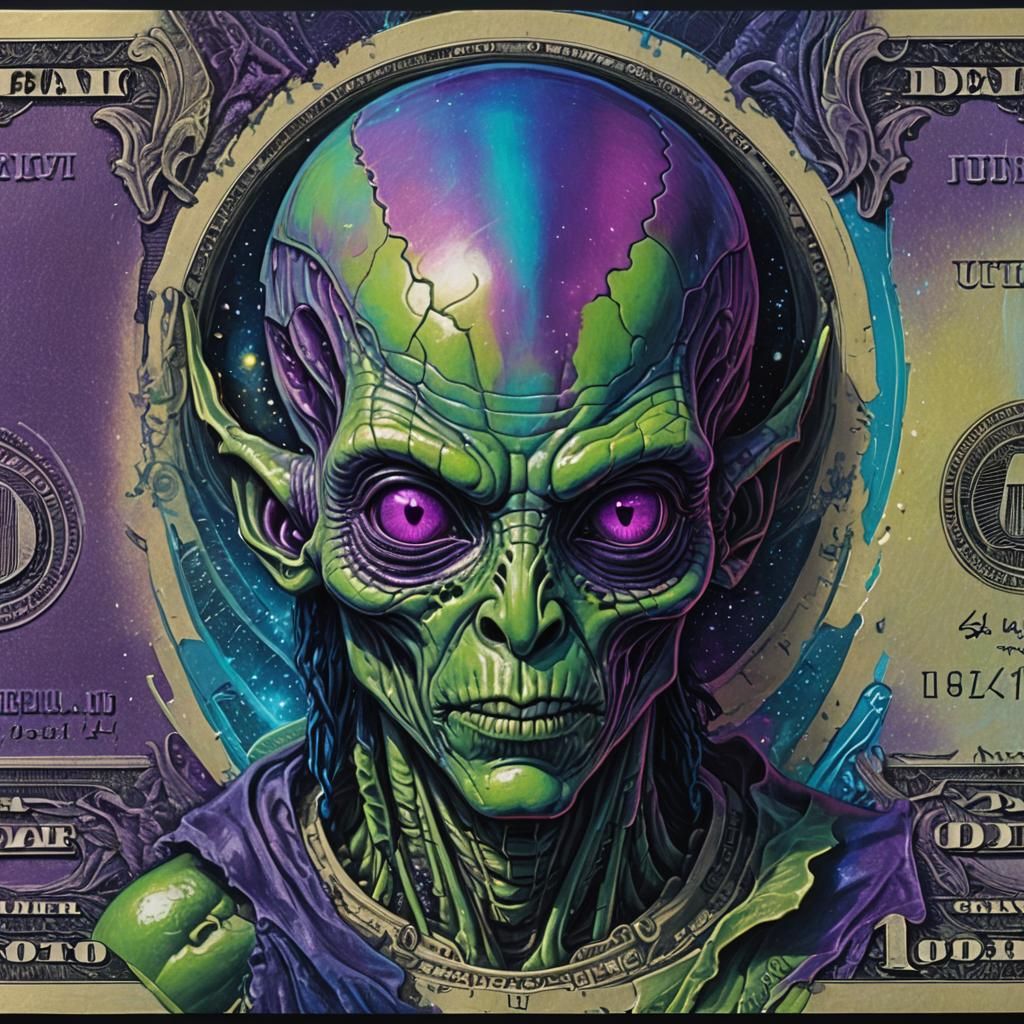 Alien Portrait on Detailed Fantasy Dollar Bill