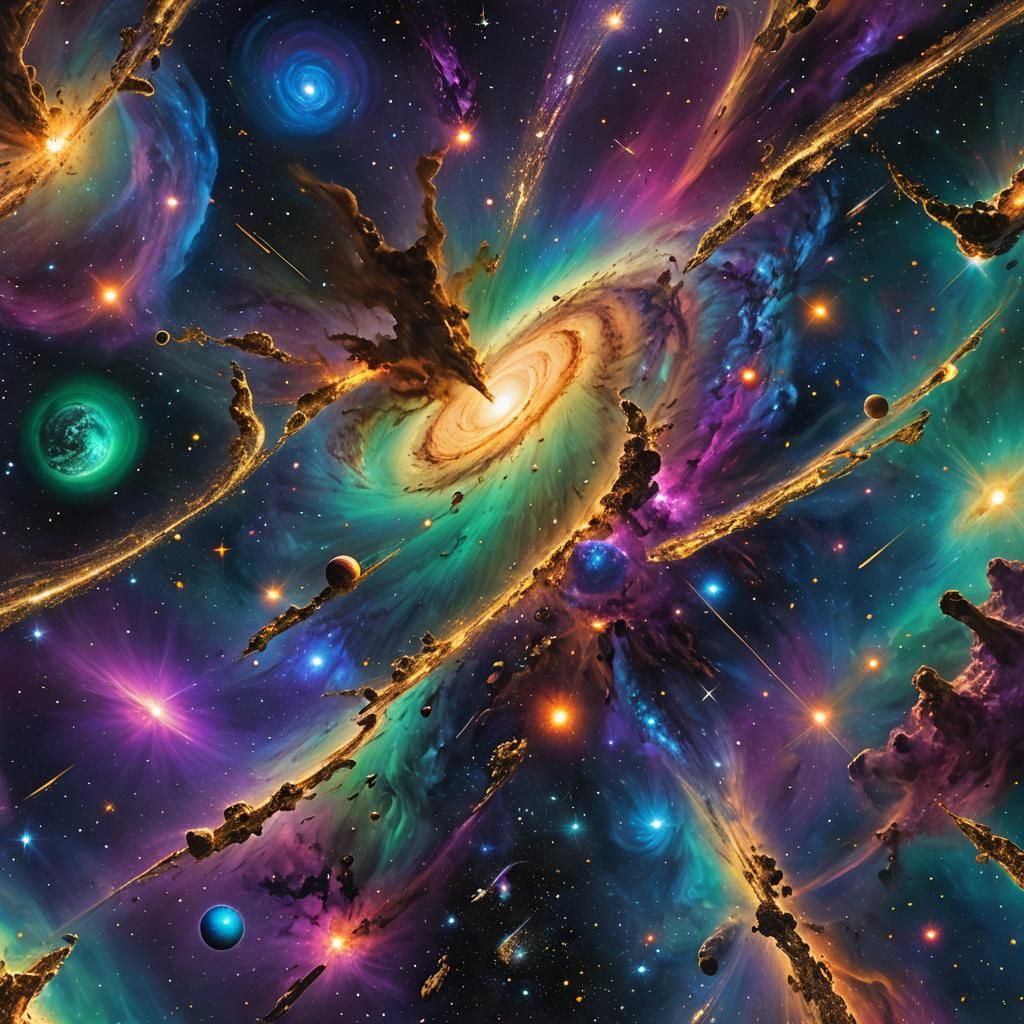 Cosmic Expanse: Galaxies in Emerald, Violet and Gold