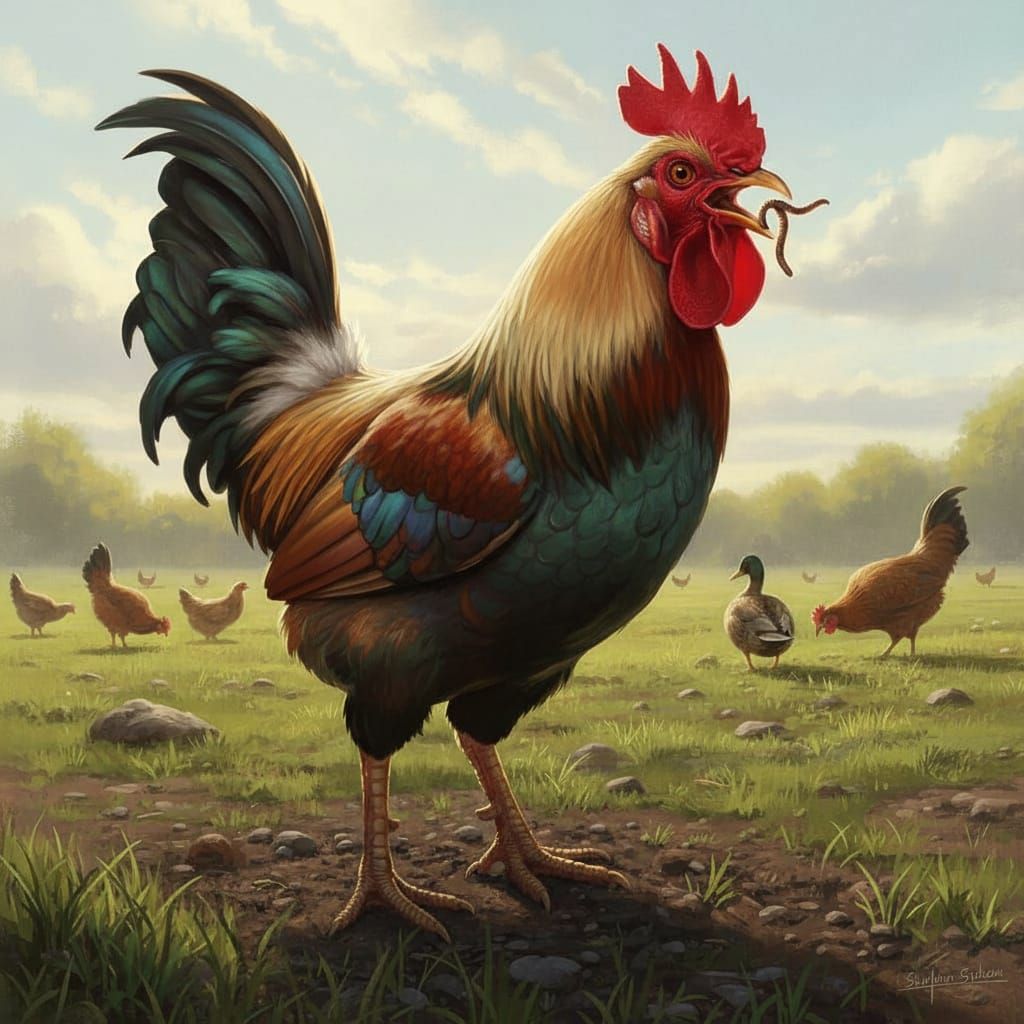 Photorealistic Fierce Chicken Pecks Worm in Field