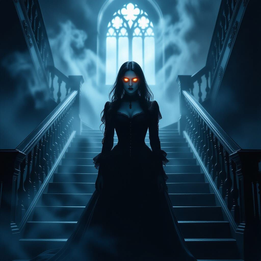 Spectral Woman on Grand Staircase in Gothic Castle