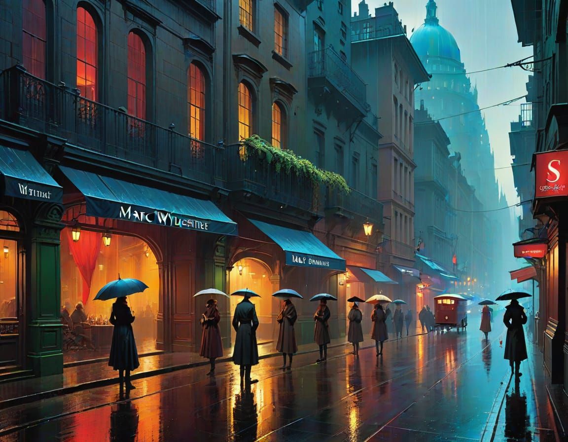 Rainy City Street with Cinematic Shadows