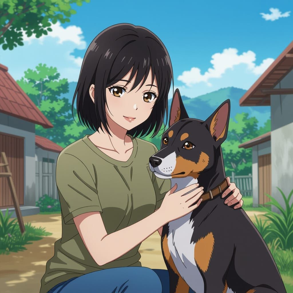 Anime Woman Petting Thai Ridgeback in Village