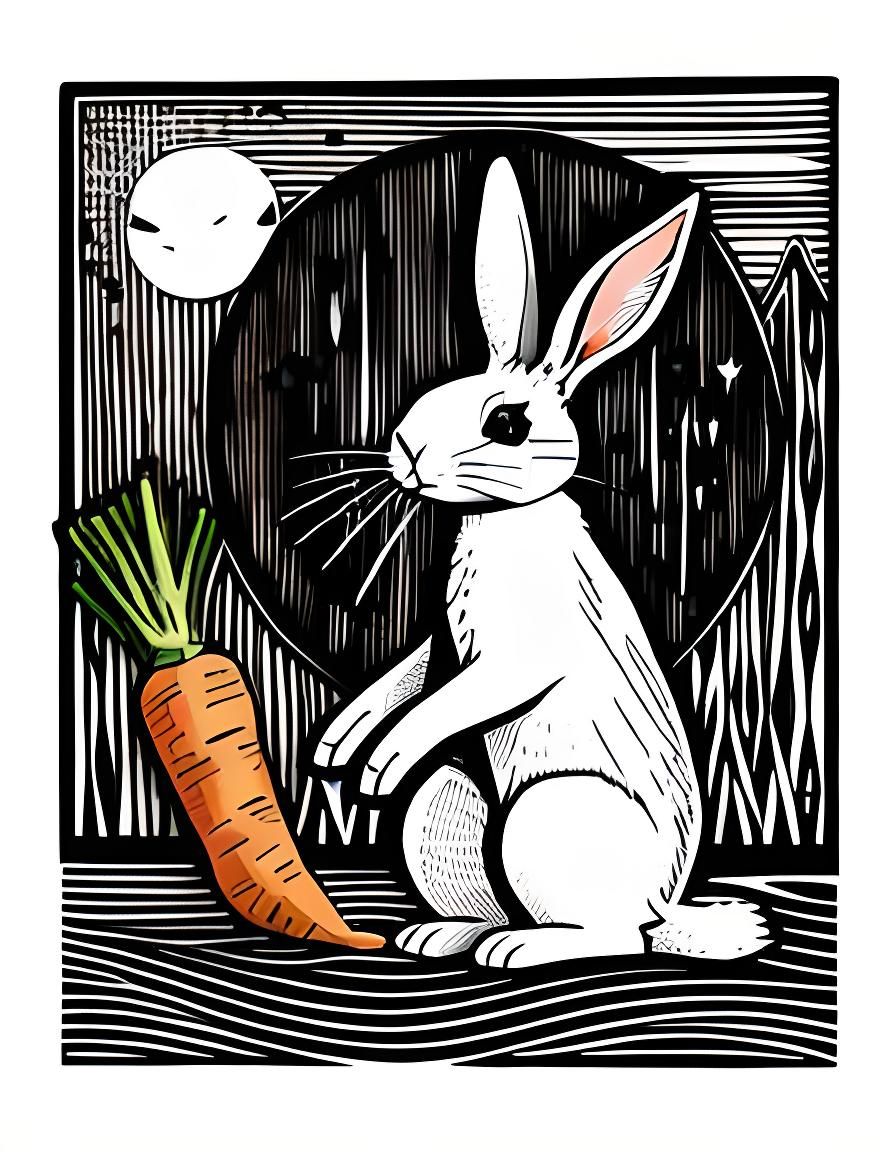a rabbit eating a carrot on paper, black lines, no colors, white background, naive surreal vector lineart, 2-year-old ki...