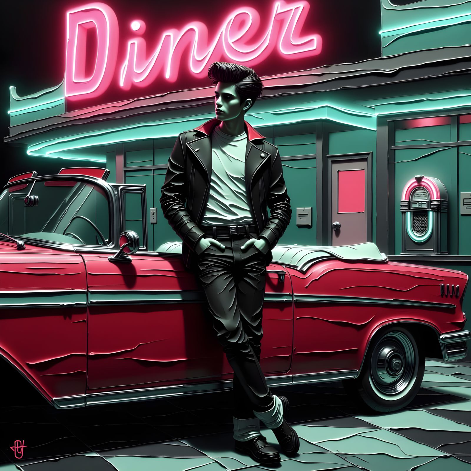 1950s Greaser at Diner in Retro Cinematic Style