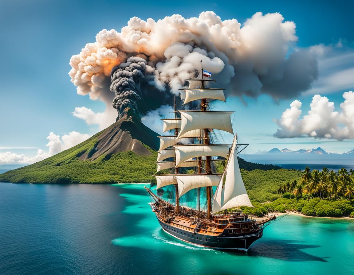 ship anchored off shore of an island 
With a volcano eruptin...